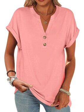 Women's Coral Summer Short Sleeve Henley V Neck Dressy Fashion Top Blouses